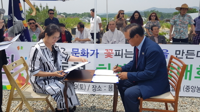 ▲ 협력협정서에 서명하는 오양심 회장(좌)과 손석우 이사장(우) 